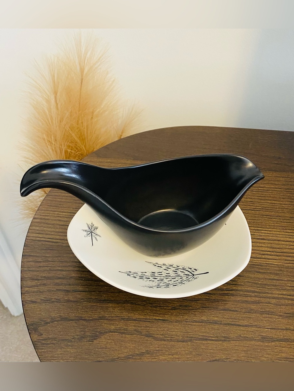 Matte Black-Brown Ceramic Gravy Boat with Base Plate